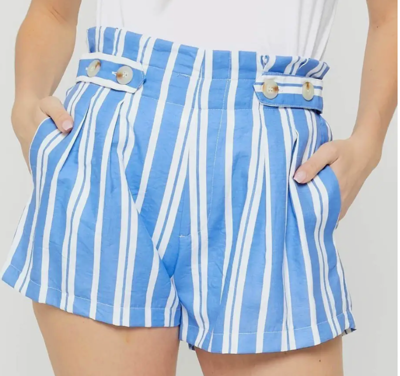 Blue and White Striped High Waist Shorts