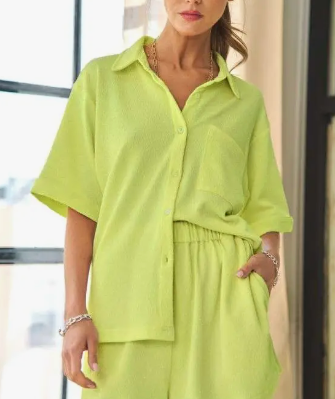 Neon Lime Textured Knit Button Down