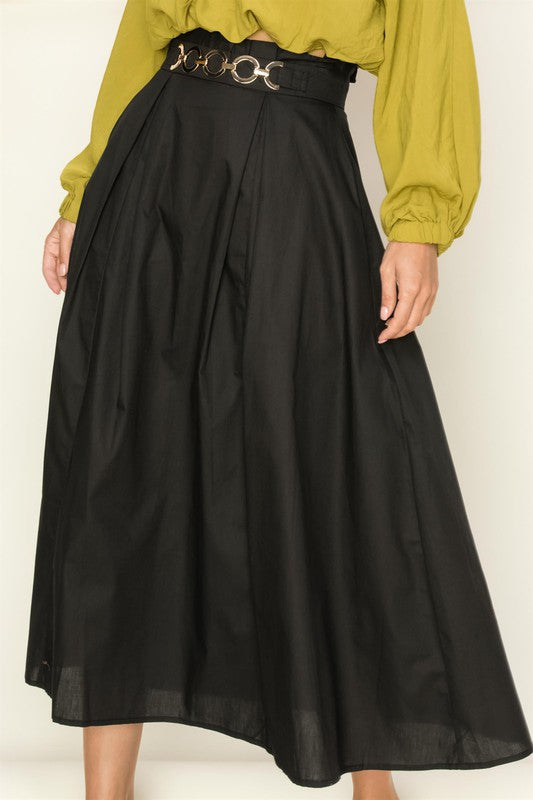 Black Belted Pleated Midi Skirt with Side Pockets