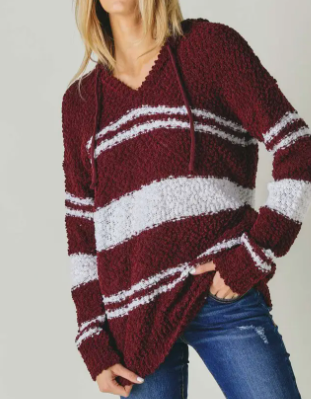 Striped Popcorn Sweater with Hoodie and Side Pockets
