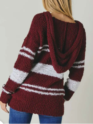 Striped Popcorn Sweater with Hoodie and Side Pockets