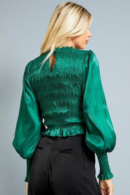 Emerald Satin Puff Sleeve Blouse