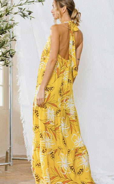 Mustard Floral Halter Maxi Dress