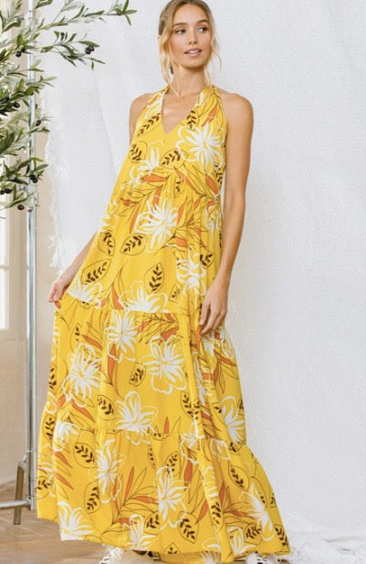 Mustard Floral Halter Maxi Dress